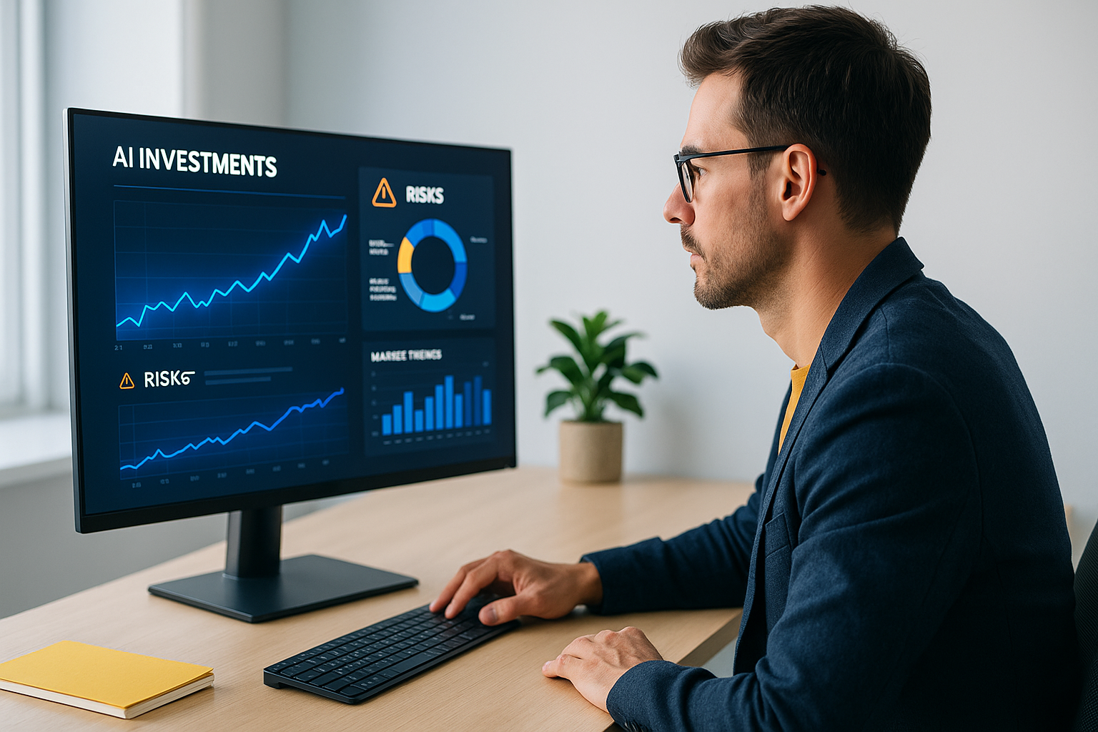 Investir IA en 2025 : un analyste financier examine les tendances du marché de l’intelligence artificielle sur un écran, mettant en évidence les opportunités d’investissement et les risques à anticiper.