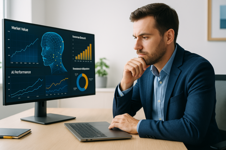 Investir dans l’IA : un homme d’affaires analyse des données financières et des performances liées à l’intelligence artificielle sur un écran, dans un bureau moderne et lumineux.