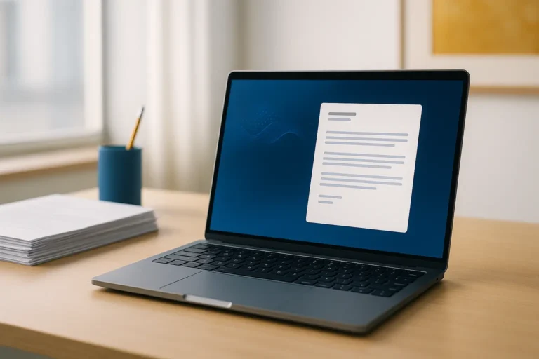 Lettre de motivation IA gratuit générée sur un ordinateur portable dans un bureau moderne, avec une lumière naturelle mettant en valeur un espace de travail professionnel.
