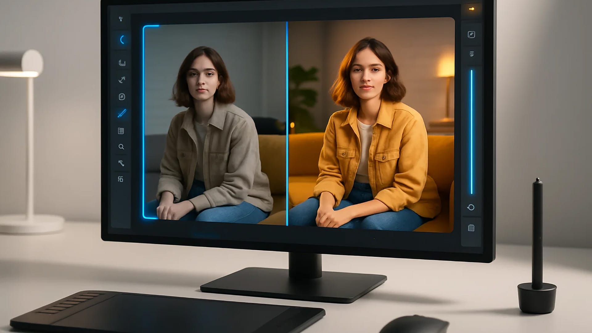 Modifier une image avec IA : écran d'ordinateur montrant un avant-après de retouche photo automatique avec interface bleue professionnelle