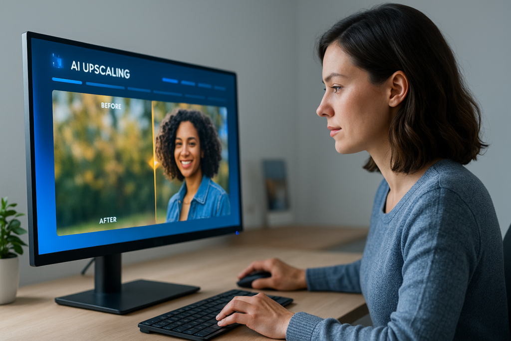 Upscaling IA : une jeune femme améliore la netteté d’une image floue sur un écran d’ordinateur grâce à un outil d’intelligence artificielle, dans un espace de travail moderne et lumineux.