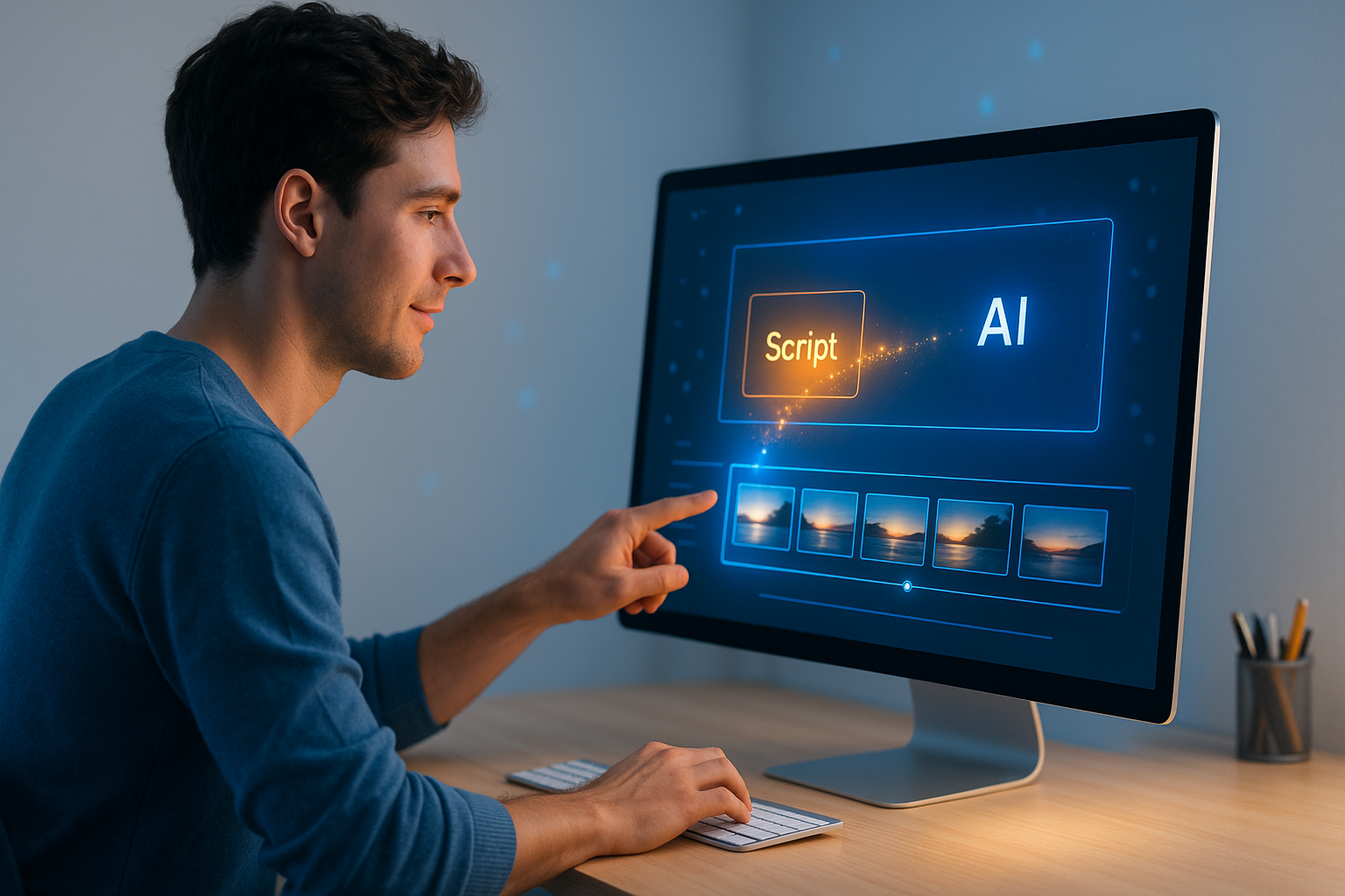 Vidéo IA : un jeune créateur de contenu utilise un logiciel intelligent pour transformer un script en vidéo sur un écran interactif. L’ambiance est moderne, avec des teintes bleutées évoquant l’innovation technologique.