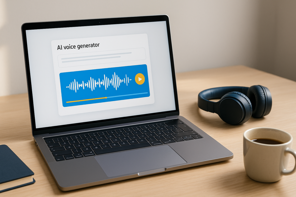 Voix IA en ligne utilisée sur un ordinateur portable avec une interface audio moderne affichant une onde sonore colorée dans un espace de travail épuré