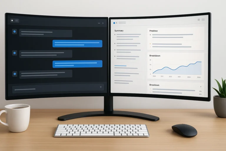 Anthropic Claude IA dans un comparatif visuel entre deux interfaces d’intelligence artificielle sur écran partagé dans un espace de travail moderne