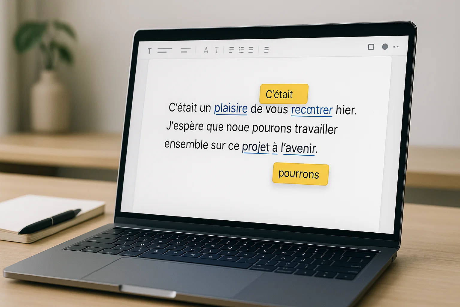 Correcteur orthographique IA utilisé dans un éditeur de texte affiché sur un écran d’ordinateur portable dans un bureau moderne et épuré