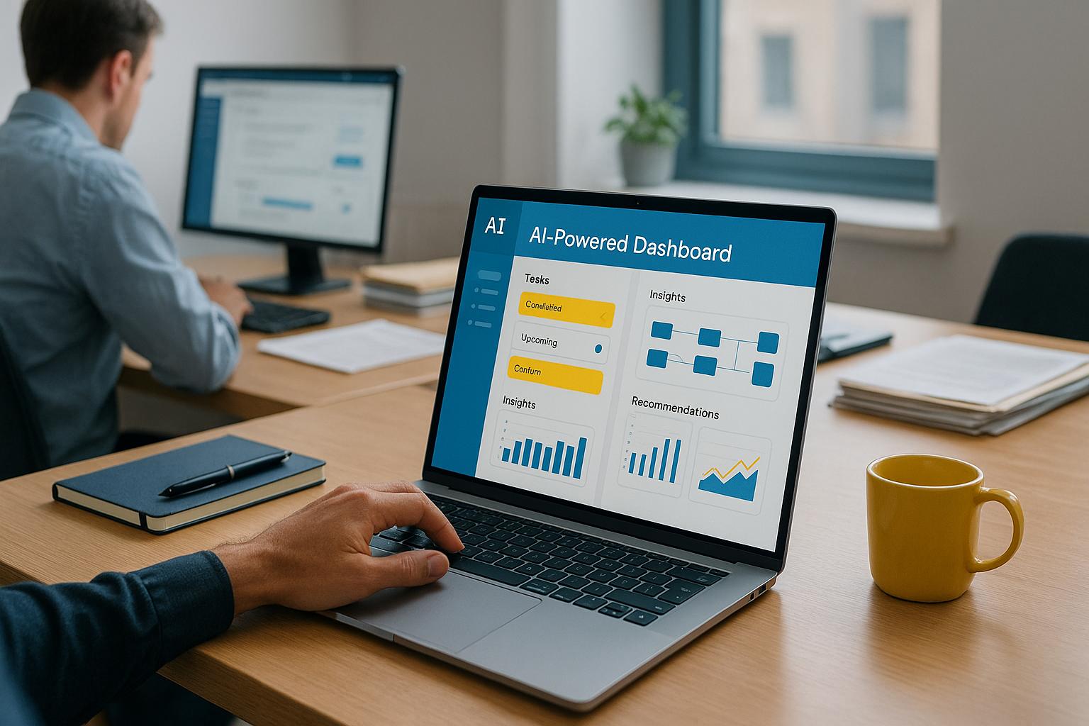 Entreprise qui utilise l’IA dans un espace de travail moderne, avec un tableau de bord intelligent affiché sur un ordinateur portable