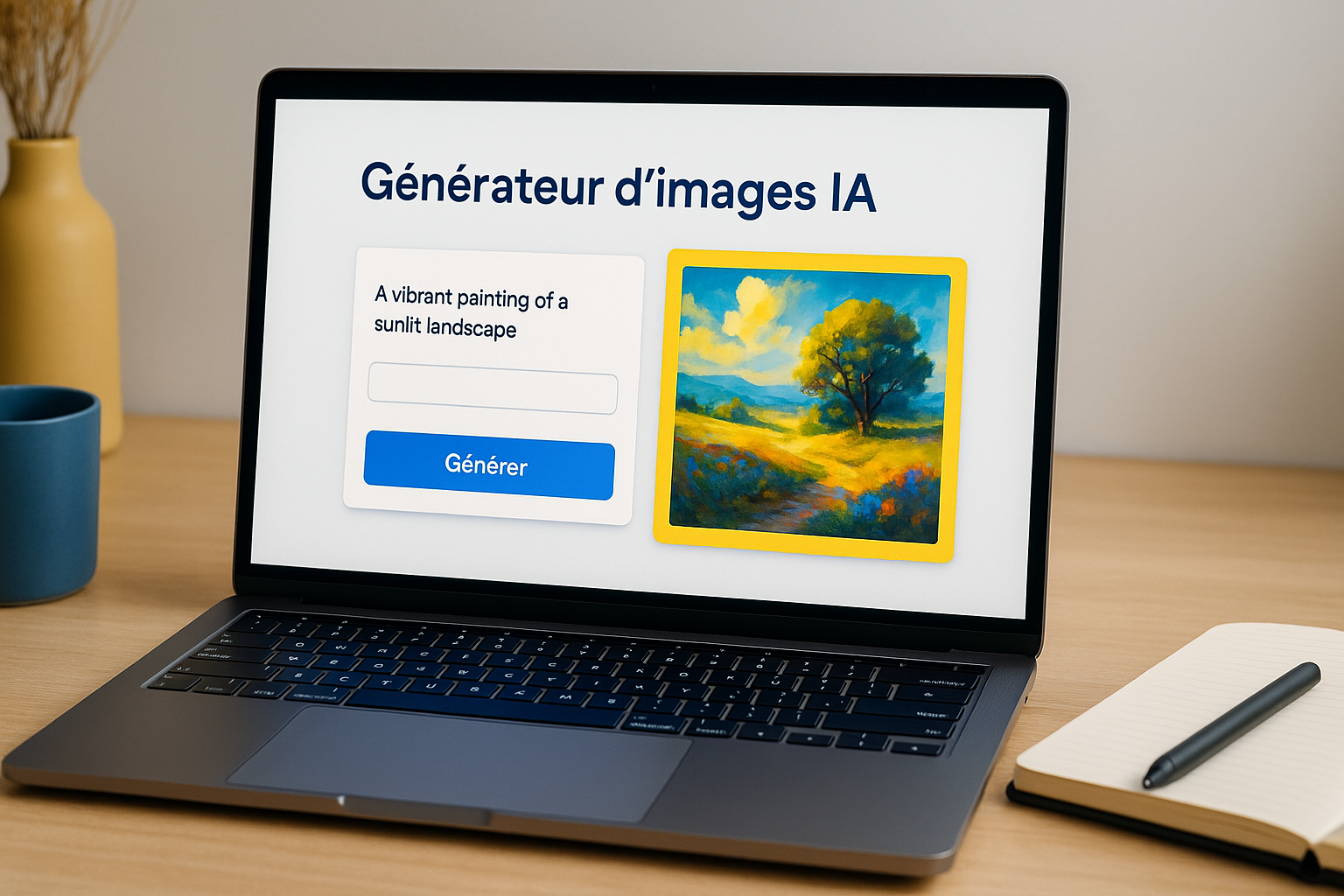 Générateur d'image IA Gratuit en ligne affiché sur un ordinateur portable dans un espace de travail moderne avec une image artistique générée automatiquement