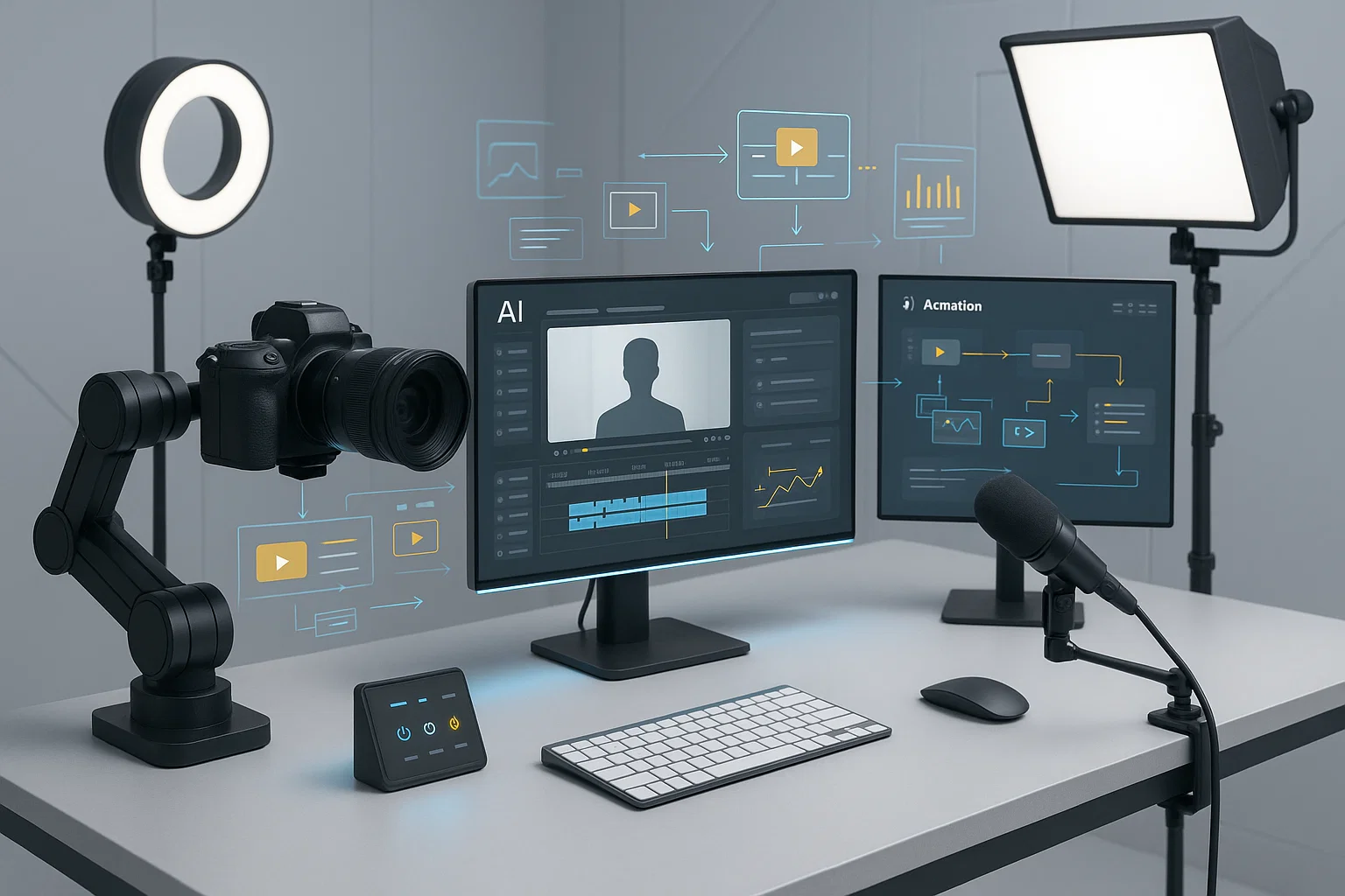 IA automatisation Youtube : studio de création de contenu automatisé avec caméra robotique, écrans d'interface intelligente et éclairage professionnel sur bureau moderne