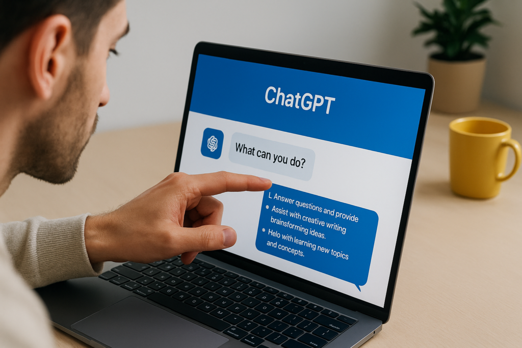 Le meilleur prompt ChatGPT pour avoir le résultat espéré illustré par un jeune professionnel concentré, interagissant avec une interface d’intelligence artificielle sur écran lumineux dans un cadre moderne.