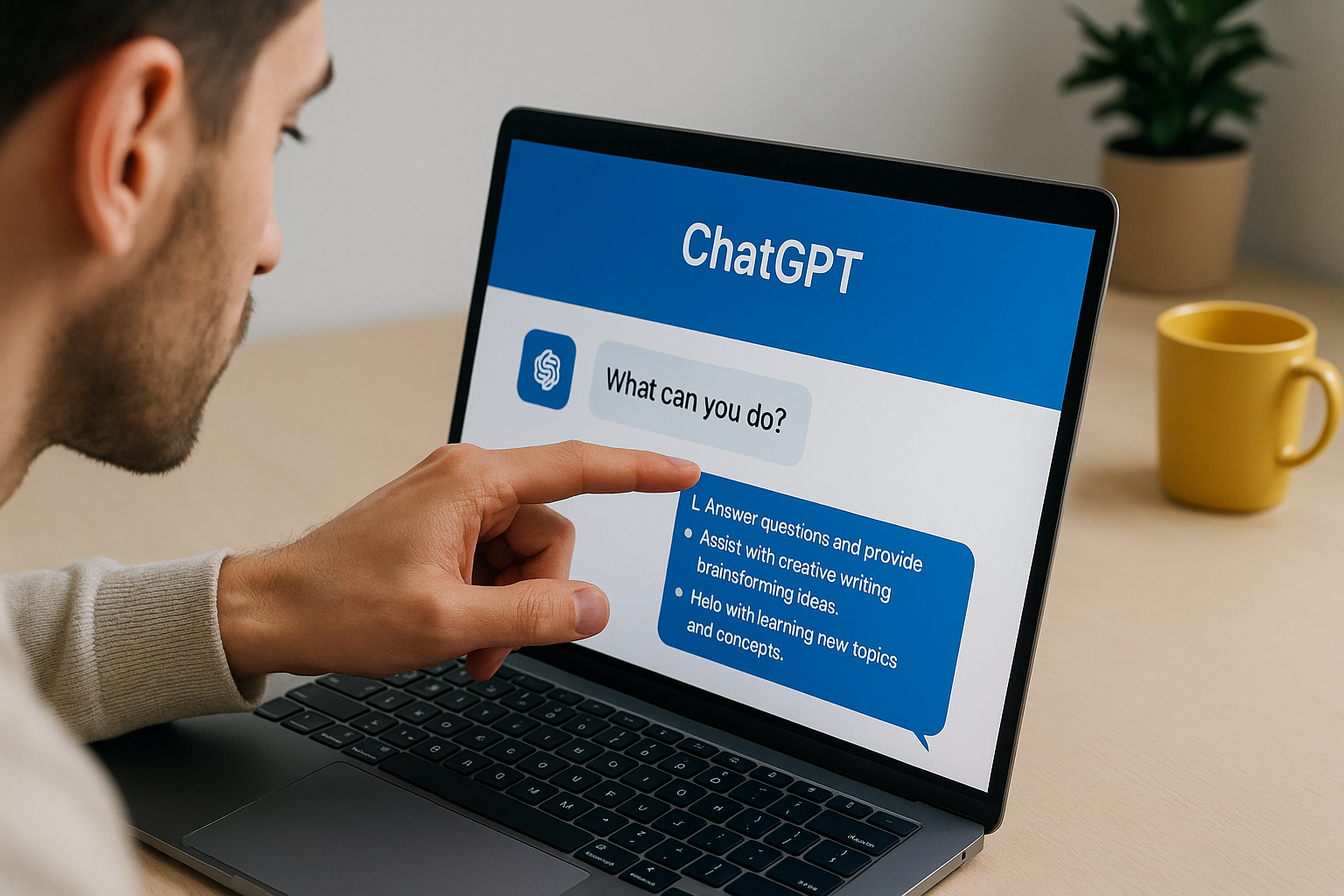 Le meilleur prompt ChatGPT pour avoir le résultat espéré illustré par un jeune professionnel concentré, interagissant avec une interface d’intelligence artificielle sur écran lumineux dans un cadre moderne.