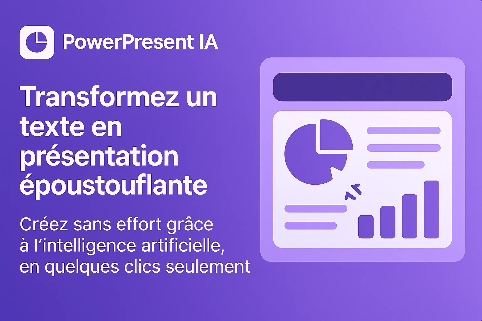 PowerPresent IA transformant un texte en présentation visuelle percutante avec graphiques et infographies claires sur fond violet
