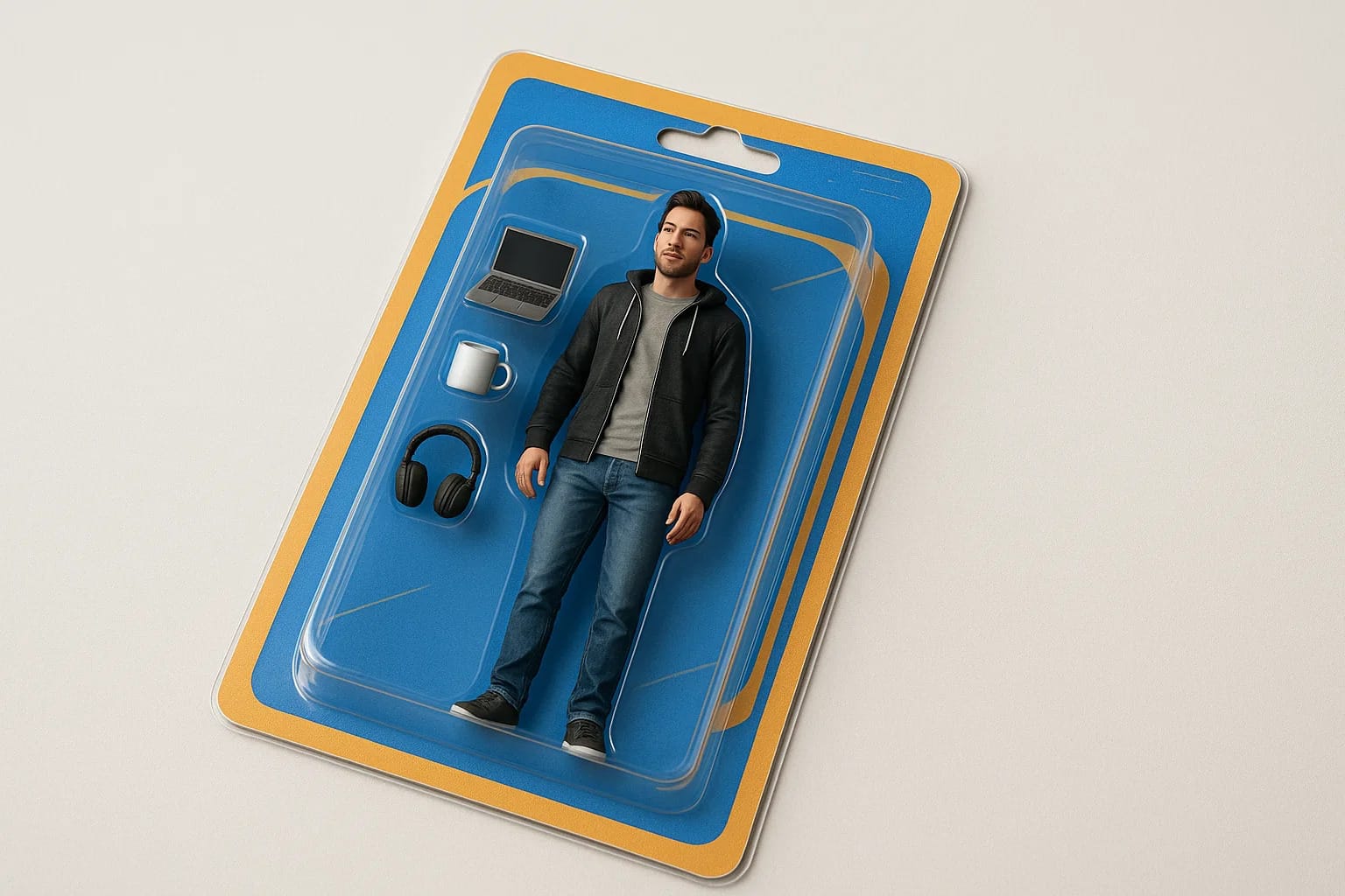 Prompt starter pack ChatGPT représentant une figurine personnalisée sous blister, avec accessoires miniatures comme un casque audio, un mug et un ordinateur portable.