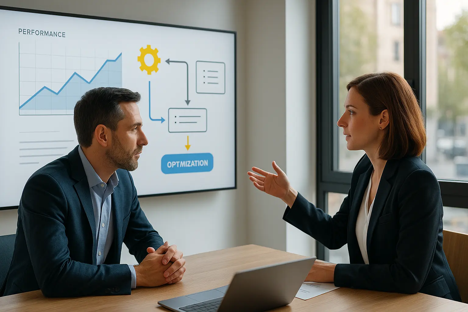 Agence IA Lyon accompagnant deux professionnels dans un bureau moderne, collaborant autour d’un écran affichant des données d’automatisation et d’optimisation.