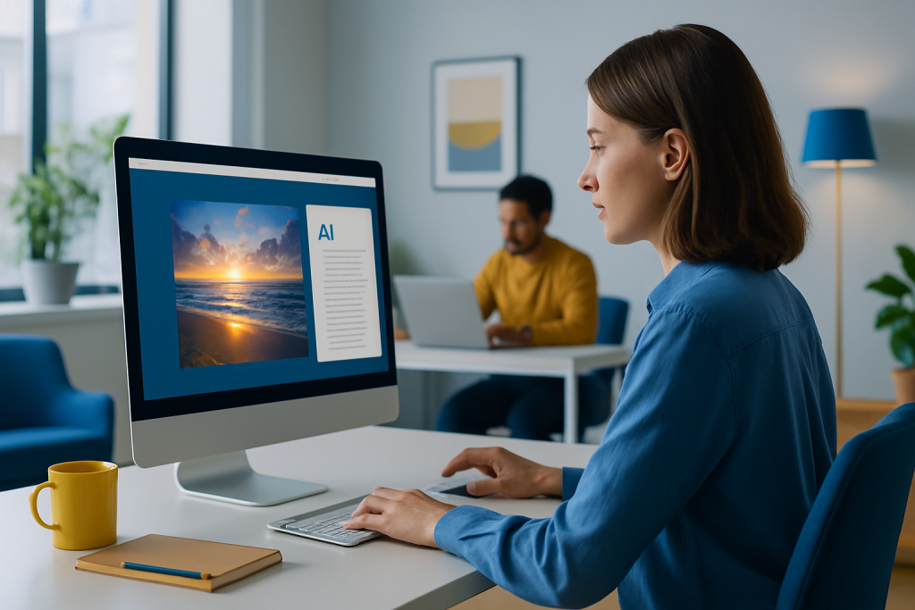 Agence IA Nantes, deux professionnels analysant un tableau numérique interactif dans un bureau moderne, symbolisant l’efficacité de l’IA générative au service des entreprises