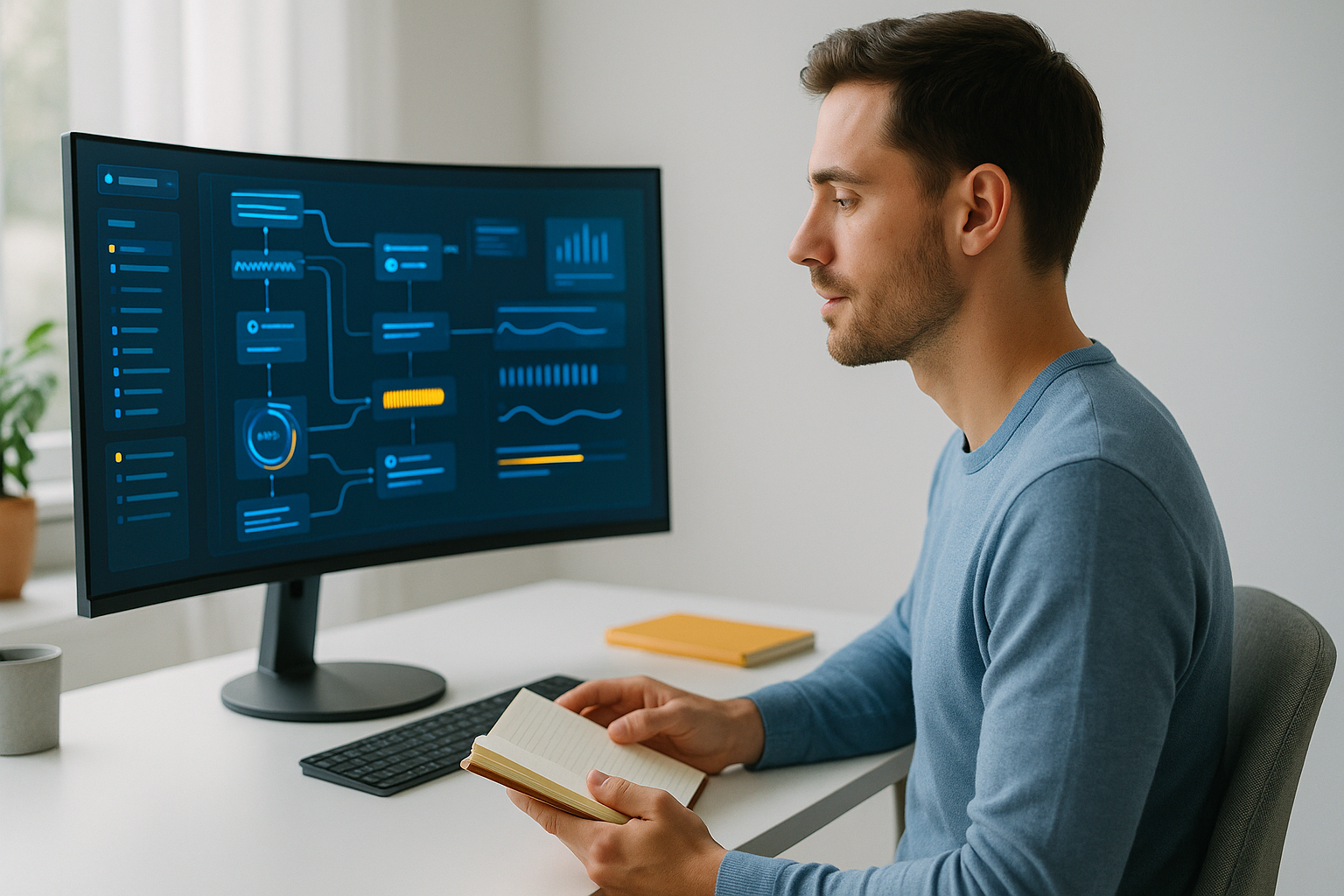 Automatisation IA illustrée par un professionnel concentré devant un écran montrant des flux de tâches automatisés, dans un bureau moderne aux tons bleu électrique et jaune doré