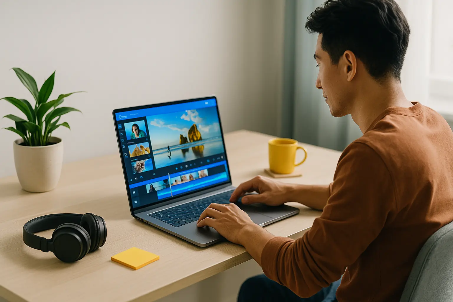 Canva Video : un créateur de contenu en plein montage vidéo sur laptop, dans un espace lumineux et moderne