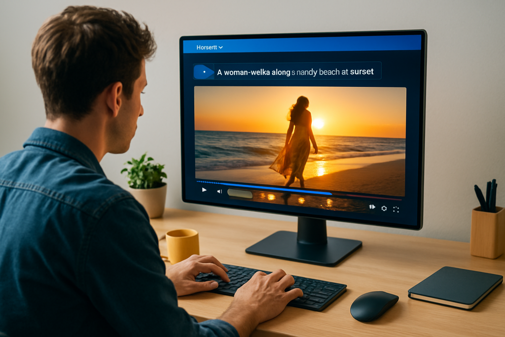 Canva Video AI illustré par une jeune femme créant une vidéo sur un ordinateur portable dans un environnement moderne, avec un écran affichant une interface de montage dynamique.