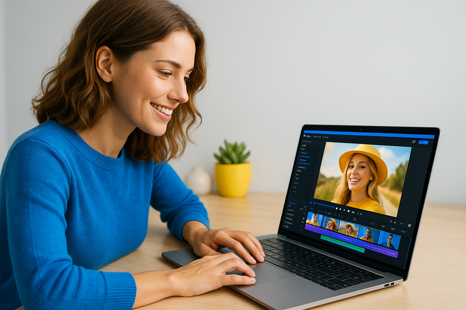 Canva Video Editor – jeune vidéaste concentré travaillant sur un montage vidéo sur écran, dans un environnement moderne et lumineux, illustrant la simplicité et la rapidité de l’outil.
