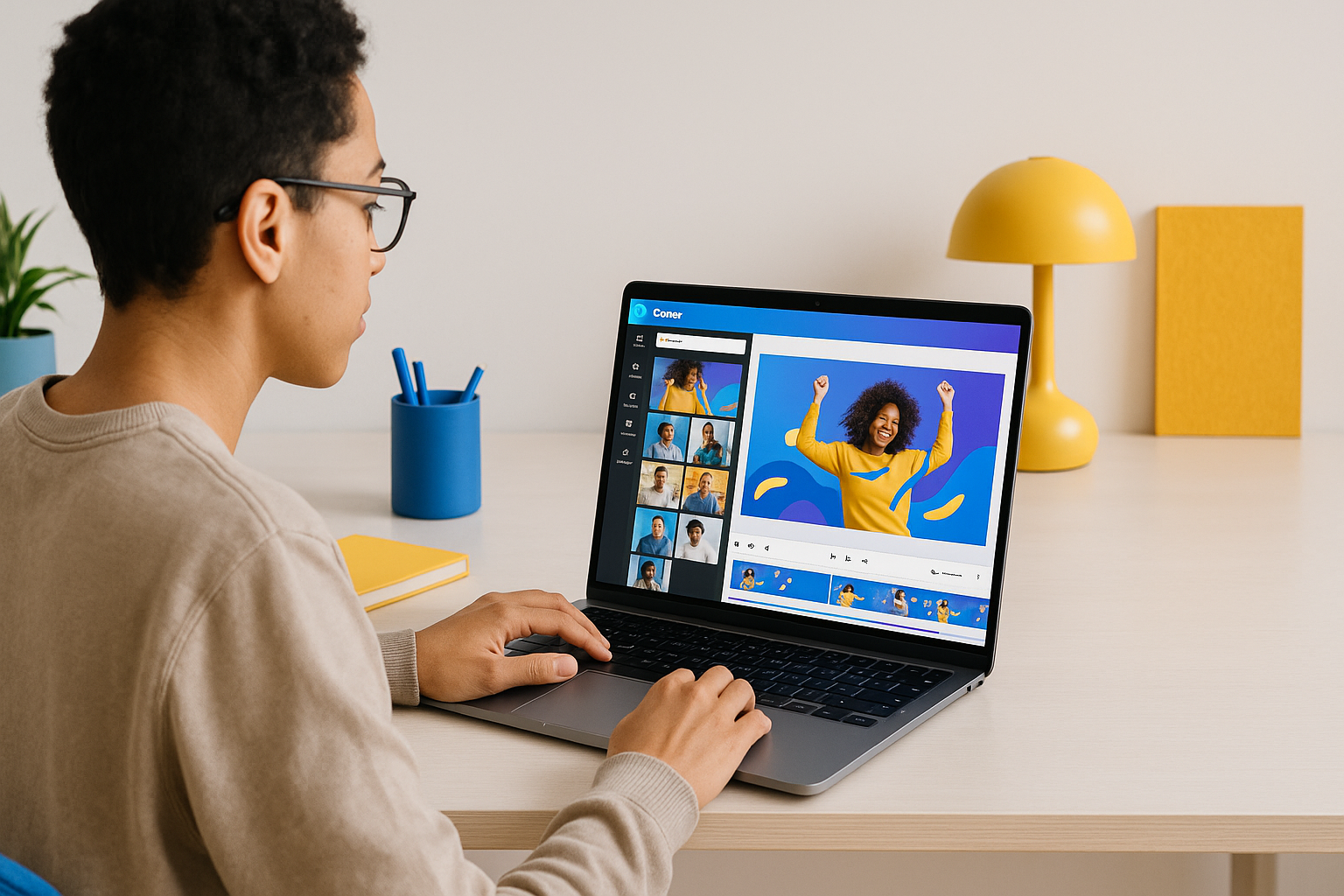 Canva vidéo montrant une jeune femme créant une vidéo percutante sur un ordinateur portable dans un studio lumineux, avec des couleurs évoquant créativité et technologie