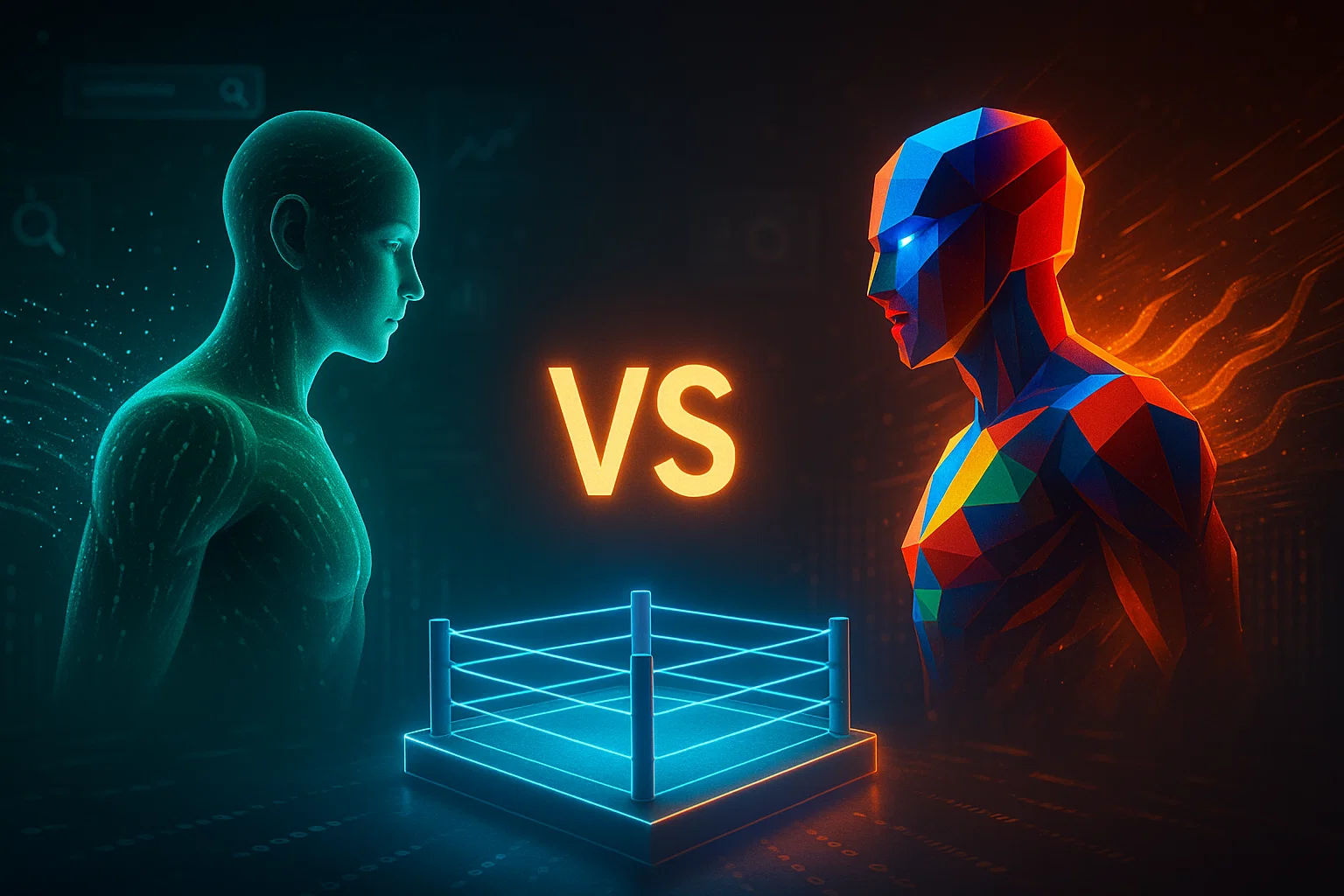 ChatGPT vs Gemini en SEO : Comparaison visuelle des deux intelligences artificielles dans une arène digitale futuriste