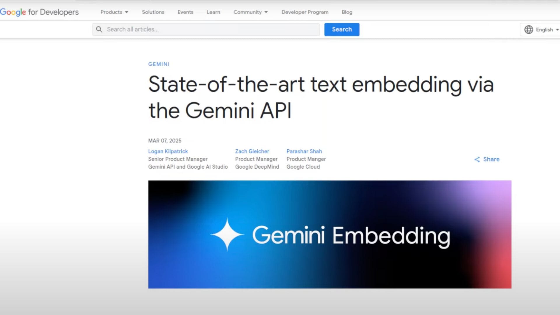 Gemini Embedding Model présenté sur la page officielle de Google Developers, avec visuel bleu illustrant l’API Gemini dédiée au text embedding.