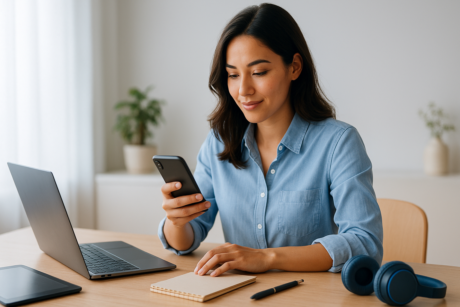 IA App en action sur smartphone, illustrant un jeune utilisateur créant du contenu assisté par intelligence artificielle dans un environnement moderne.