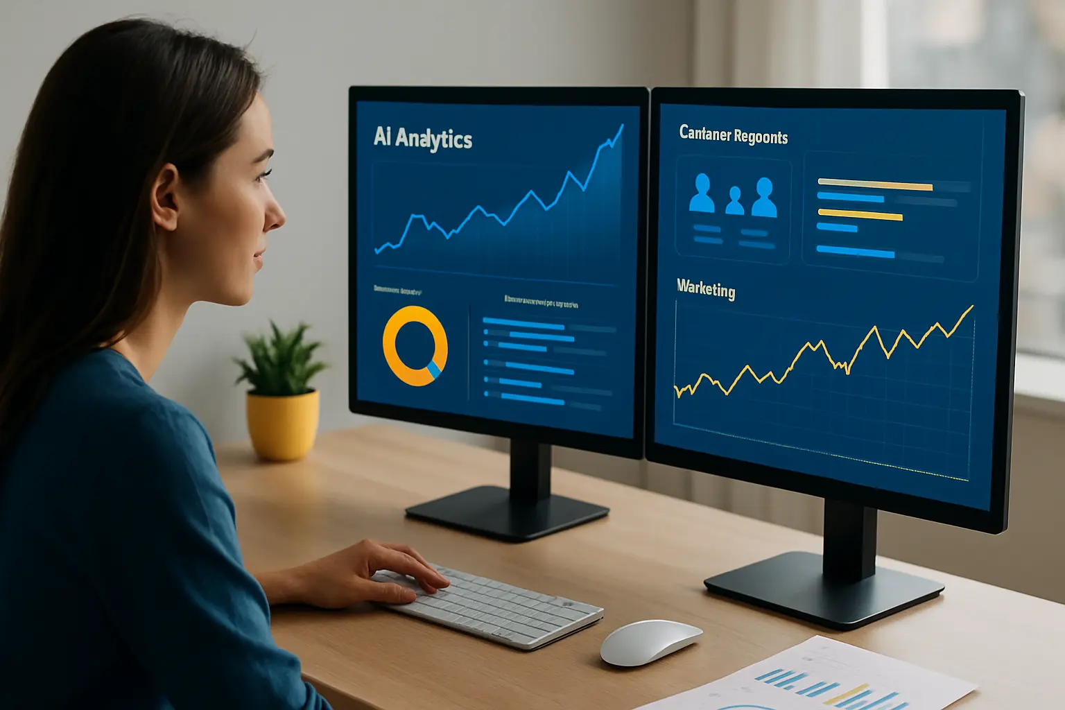 IA Marketing : une professionnelle en réunion conçoit une stratégie digitale personnalisée, illustrant la transformation des campagnes marketing grâce à l’intelligence artificielle