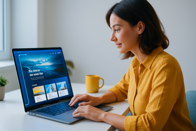 IA SITE : une jeune femme créant un site web moderne sur un ordinateur portable, dans un espace lumineux et professionnel