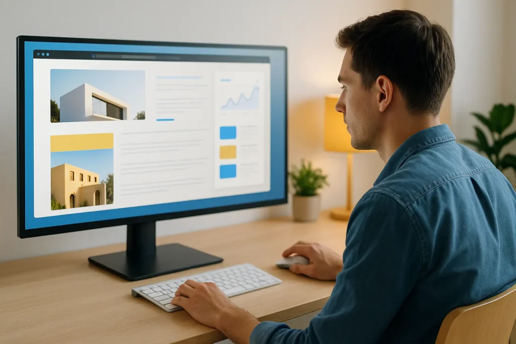 IA WEB illustrée par un professionnel créant un site web complet sur écran, dans un bureau moderne, avec des couleurs bleu électrique et jaune doré, ambiance réaliste et chaleureuse.