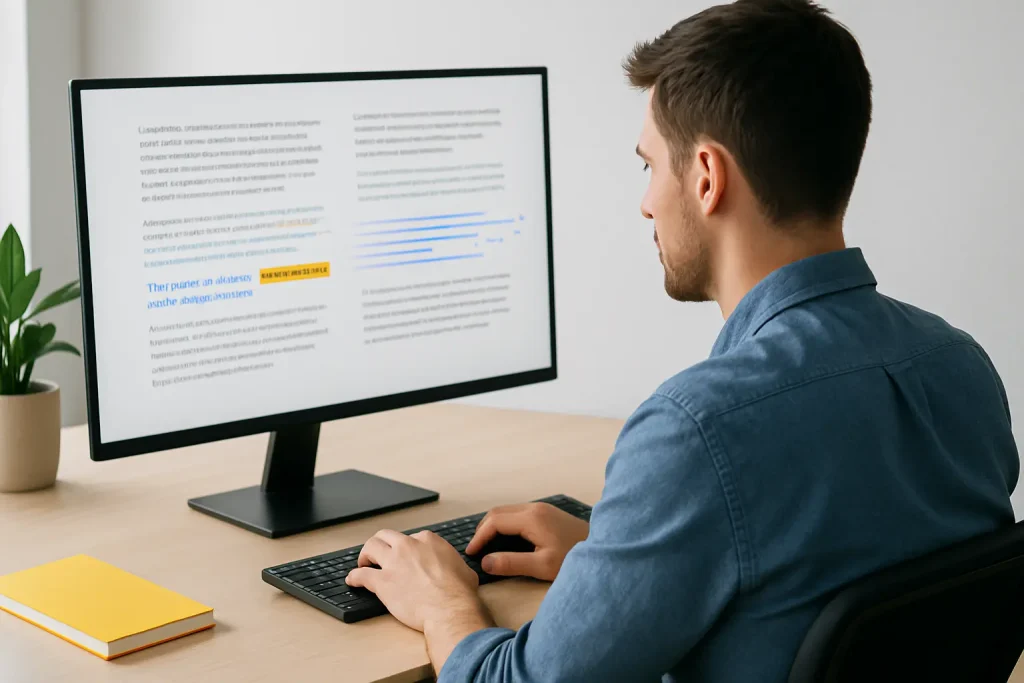 IA écriture : un jeune homme concentré tape sur son ordinateur portable, avec à l’écran un outil de génération de texte assisté par intelligence artificielle, dans un environnement professionnel moderne et lumineux.