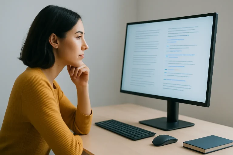IA texte en action avec une jeune femme concentrée générant du contenu sur ordinateur dans un bureau moderne, ambiance calme et professionnelle.