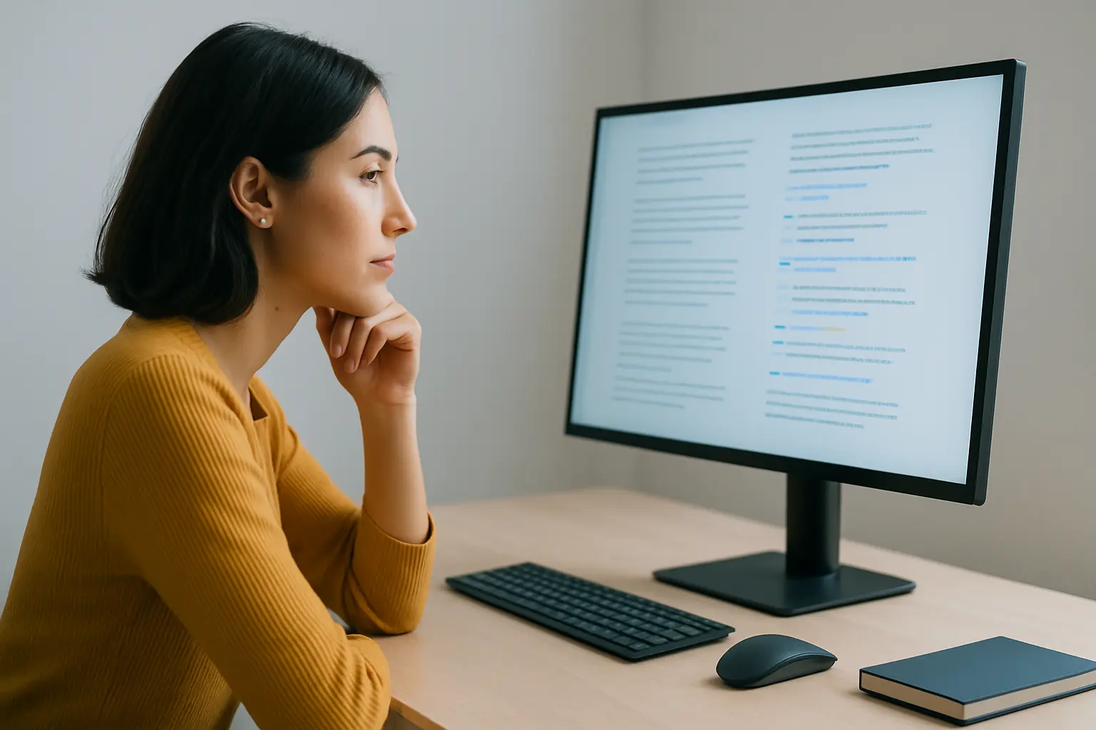 IA texte en action avec une jeune femme concentrée générant du contenu sur ordinateur dans un bureau moderne, ambiance calme et professionnelle.