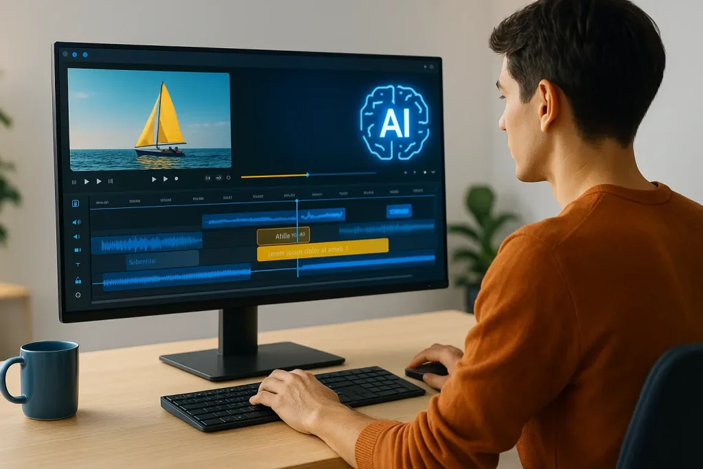 InVideo AI en français, un jeune créateur vidéo utilisant un logiciel intelligent pour monter une vidéo avec script, voix off et sous-titres sur un écran lumineux