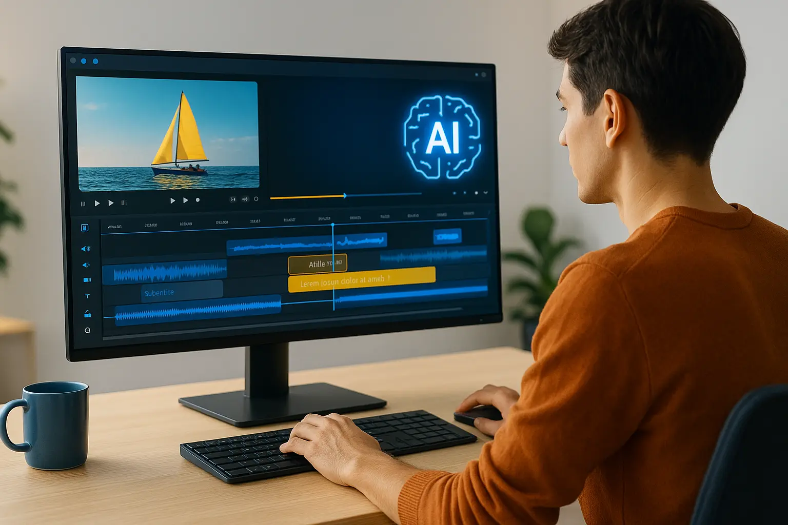InVideo AI en français, un jeune créateur vidéo utilisant un logiciel intelligent pour monter une vidéo avec script, voix off et sous-titres sur un écran lumineux