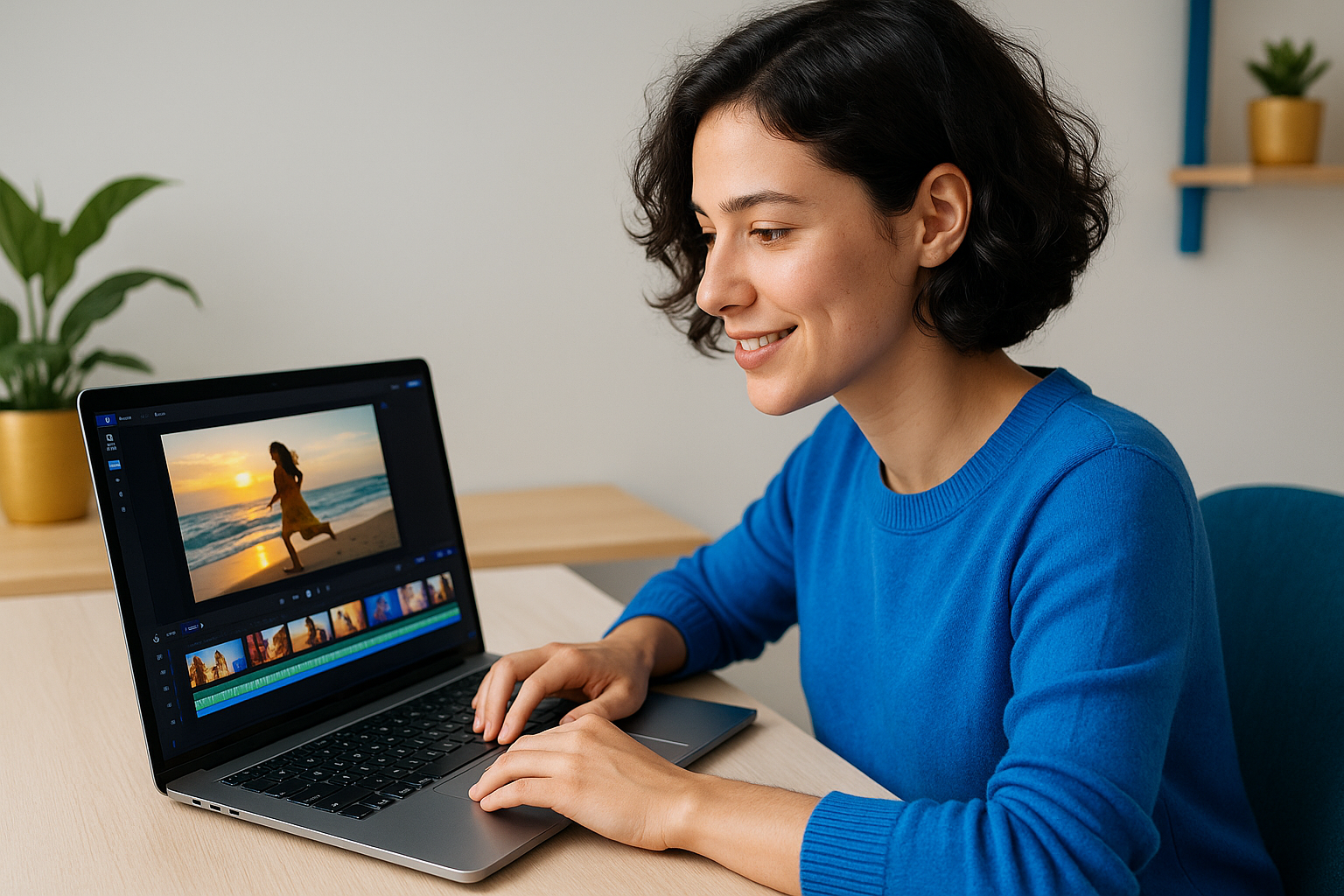 InVideo AI gratuit illustré par un jeune créateur vidéo utilisant une interface numérique intuitive pour transformer des idées en vidéos professionnelles