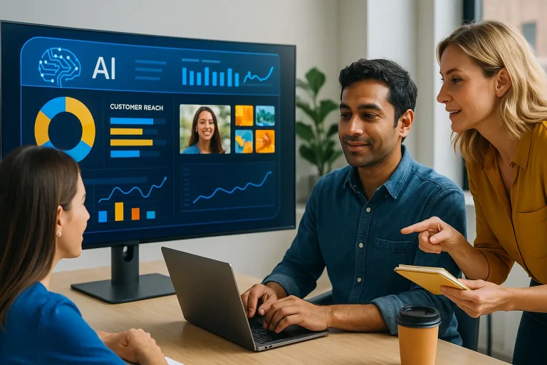 L’intelligence artificielle dans le marketing mise en scène dans un bureau moderne, trois professionnels collaborent devant des écrans affichant des données et graphiques en bleu électrique et jaune doré, illustrant la personnalisation et l’efficacité des campagnes.