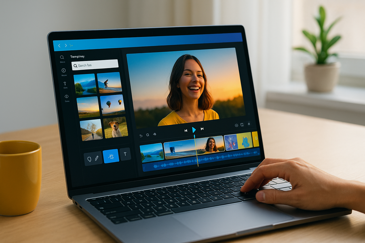 Montage vidéo sur Canva affiché sur un ordinateur portable, montrant une interface intuitive avec un aperçu de vidéo, une timeline et des vignettes de clips.
