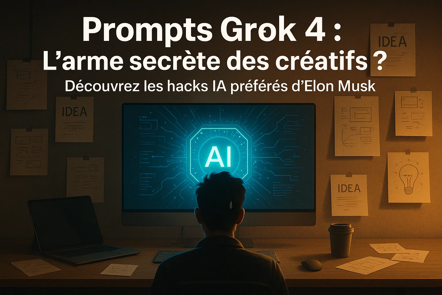 Prompts de Grok 4 affichés sur une interface futuriste d’IA, dans un bureau moderne, avec un utilisateur en pleine session de brainstorming créatif.