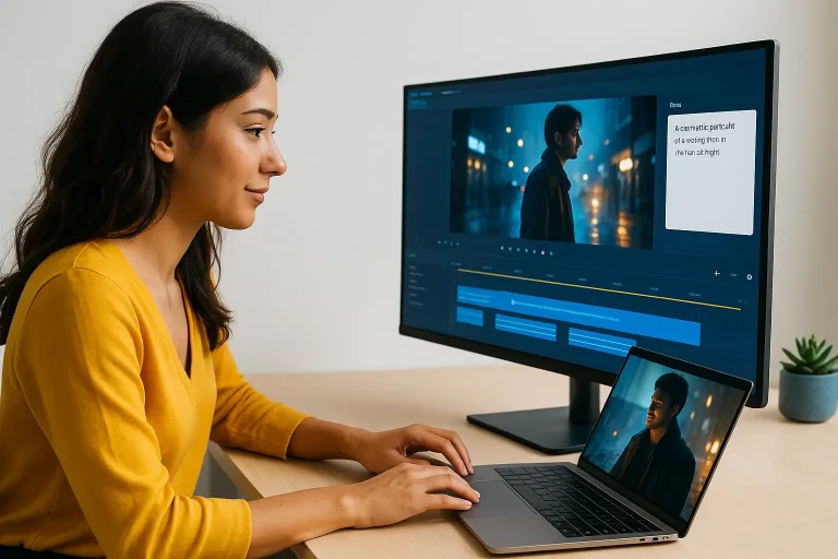 Runway AI illustré par une jeune femme créative travaillant sur une vidéo sur son ordinateur, dans un environnement moderne et lumineux.