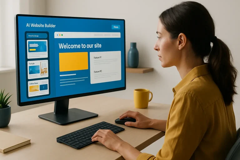 Site IA illustré par une femme travaillant sur un écran moderne avec des outils de création web assistés par l’intelligence artificielle, dans un bureau lumineux et minimaliste