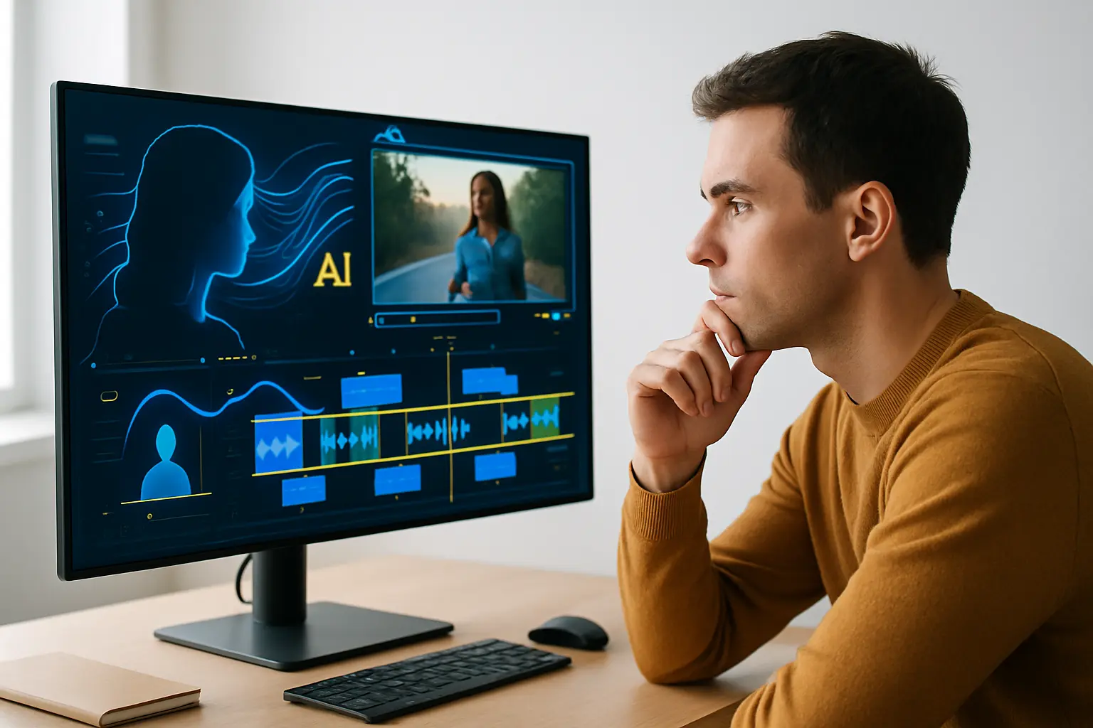 Sora AI free en action, un jeune homme concentré devant un écran affichant une interface vidéo IA moderne, dans un bureau lumineux et minimaliste.