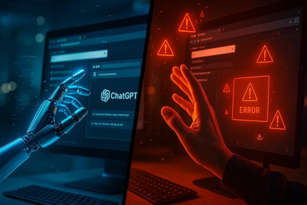 Test ChatGPT Agent - comparaison visuelle entre promesses IA et réalité, montrant écran avec erreurs et performances décevantes