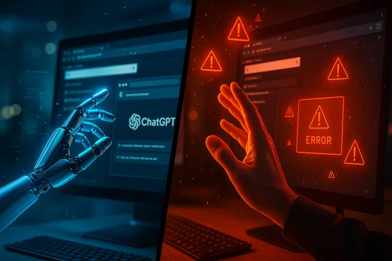 Test ChatGPT Agent - comparaison visuelle entre promesses IA et réalité, montrant écran avec erreurs et performances décevantes