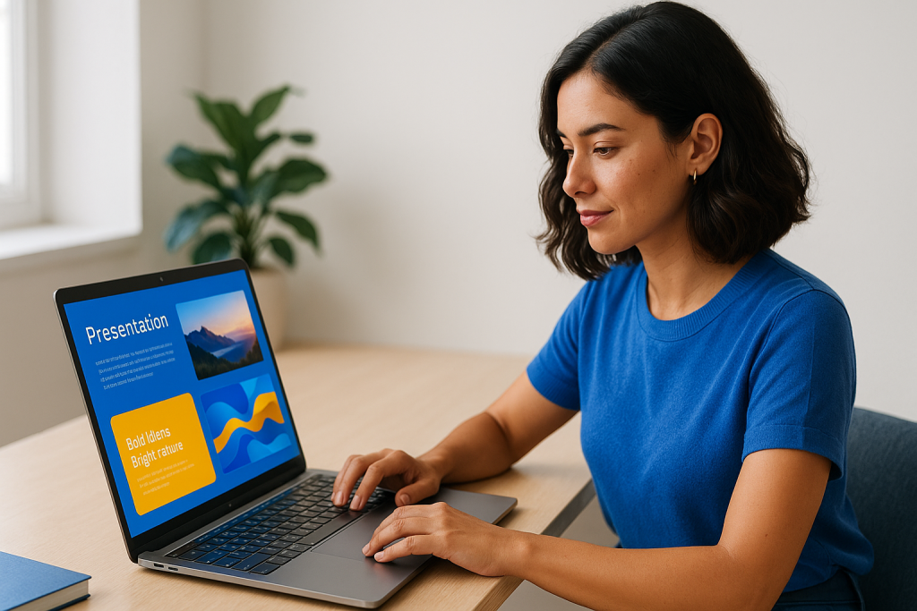 Tome IA montrant une jeune professionnelle créant une présentation moderne sur un ordinateur portable, dans un espace lumineux et épuré
