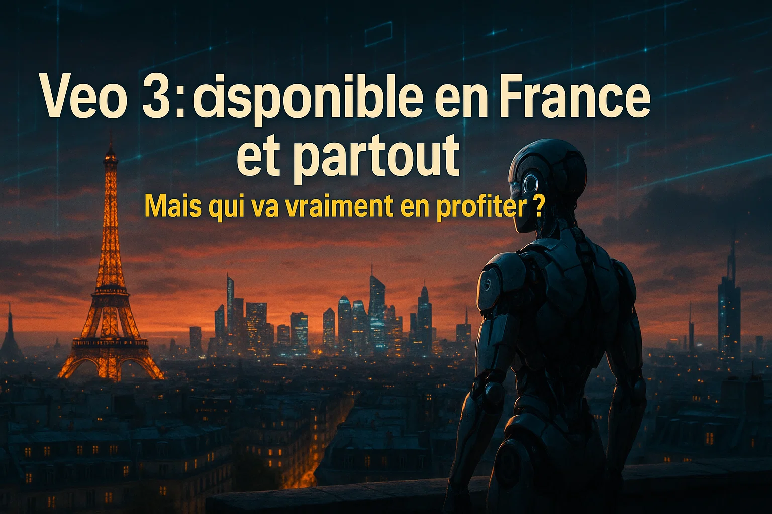 Miniature avec texte en français 'Veo 3 disponible en France et partout', robot humanoïde sur un toit, skyline futuriste au crépuscule