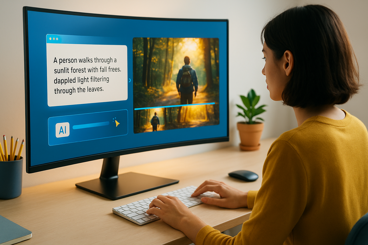 Video AI Canva illustrant une jeune créatrice de contenu devant un écran lumineux, en train de décrire une scène pour que l’IA génère une vidéo stylisée.