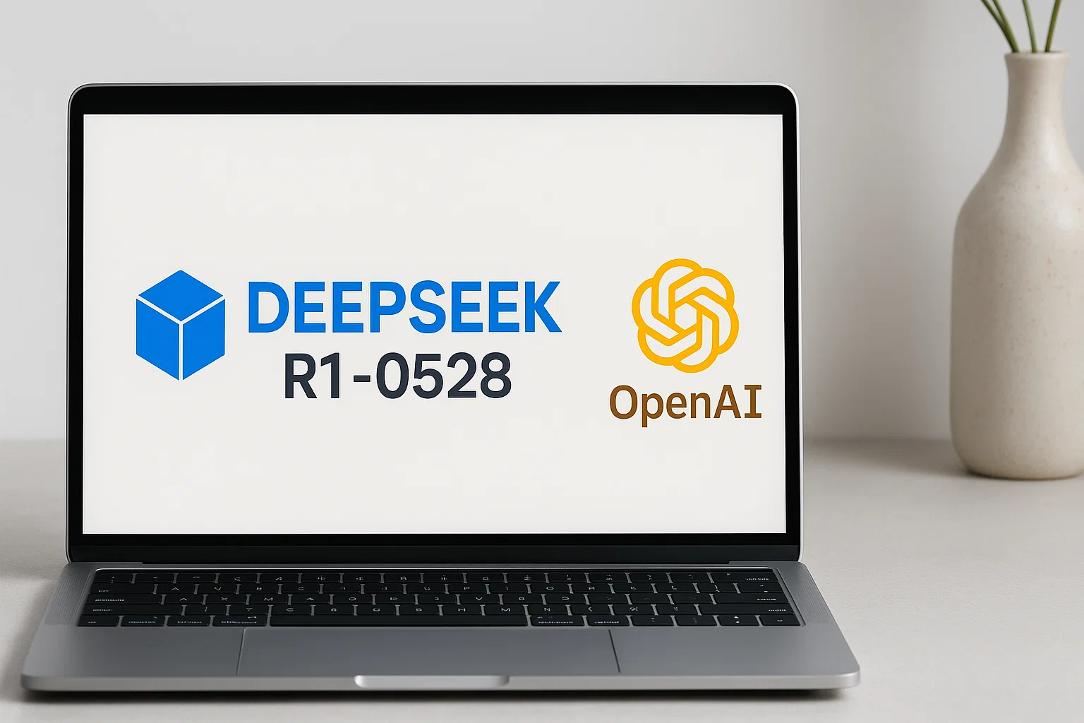 DeepSeek R1-0528 affiché sur un ordinateur portable face au logo d’OpenAI, illustrant la rivalité entre deux modèles d’intelligence artificielle.