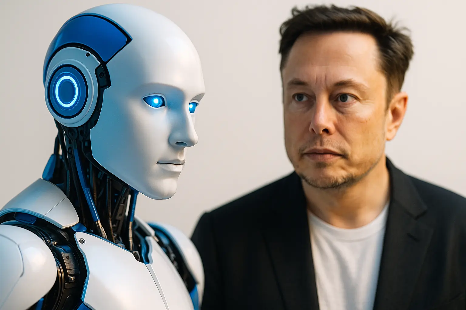 Grok 4 face à Elon Musk, représentant la nouvelle génération d’intelligence artificielle développée par xAI, dans une scène réaliste et contrastée.