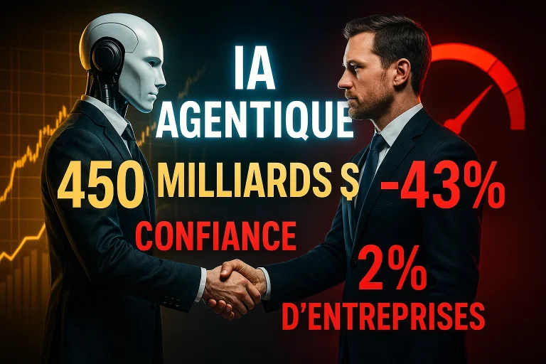 IA agentique : robot et humain se serrant la main, graphiques 450 milliards dollars, baisse confiance 43%