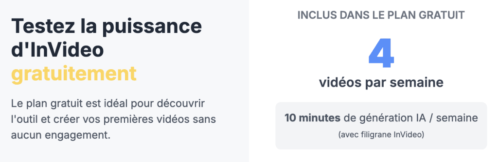 InVideo AI offre un plan gratuit avec 4 vidéos générées par semaine et 10 minutes de création IA